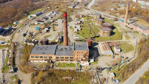 Boiler room and pipe starting to smoke filmed on a drone