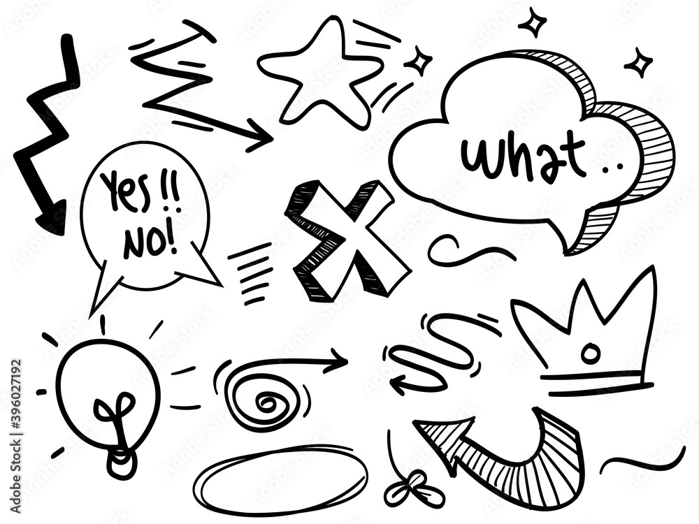 Fototapeta premium hand drawn set of abstract comic doodle elements. with bubble speech, arrow, bulb, crown, star. use for concept design. isolated on white background. vector illustration