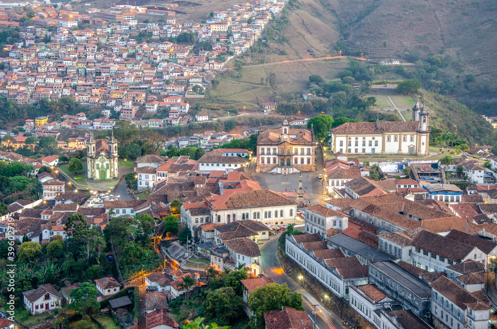 Travel bucket list . Ouro Preto , Brazil. Panoramic view of historic city during  sunset light.