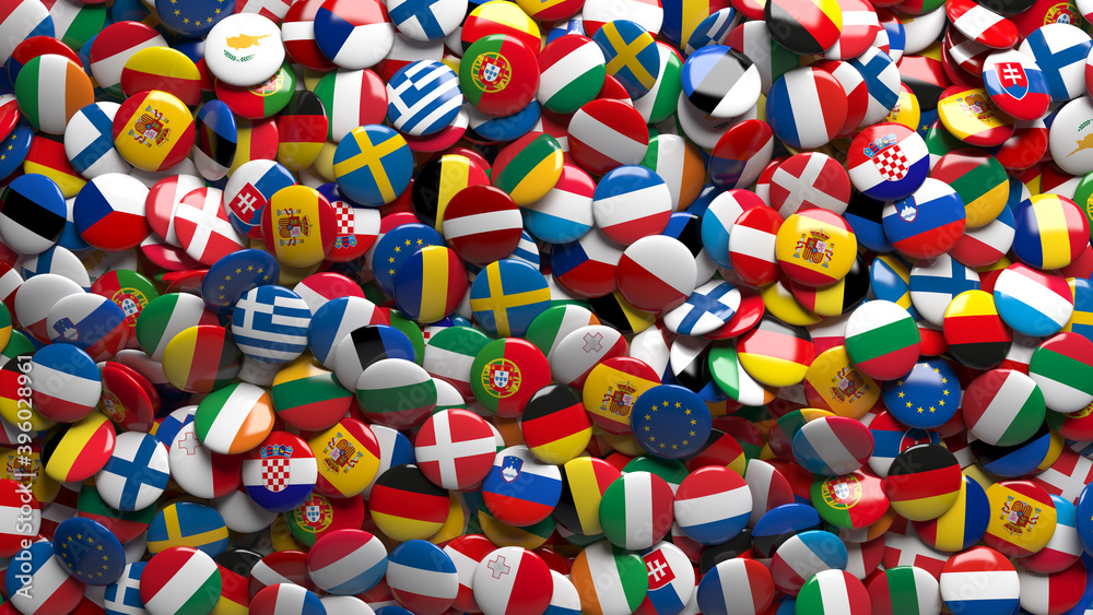 3d rendering of a lots of european union's flags glossy buttons in a close up view