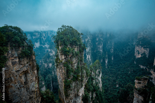 Amazing landscape of mountain and forest in the foggy at Wulingyuan  Hunan  China. Wulingyuan Scenic and Historic Interest Area which was designated a UNESCO World Heritage Site in China