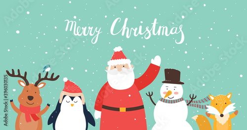 Christmas characters - snowmen, Santa Claus, fox, penguin, reindeer and raccoon isolated on green background