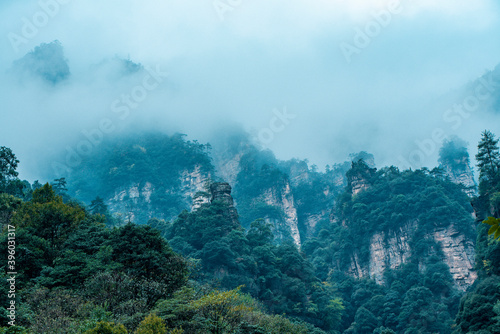 Amazing landscape of mountain and forest in the foggy at Wulingyuan, Hunan, China. Wulingyuan Scenic and Historic Interest Area which was designated a UNESCO World Heritage Site in China © Nhan