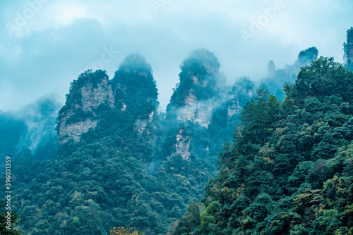 Amazing landscape of mountain and forest in the foggy at Wulingyuan, Hunan, China. Wulingyuan Scenic and Historic Interest Area which was designated a UNESCO World Heritage Site in China