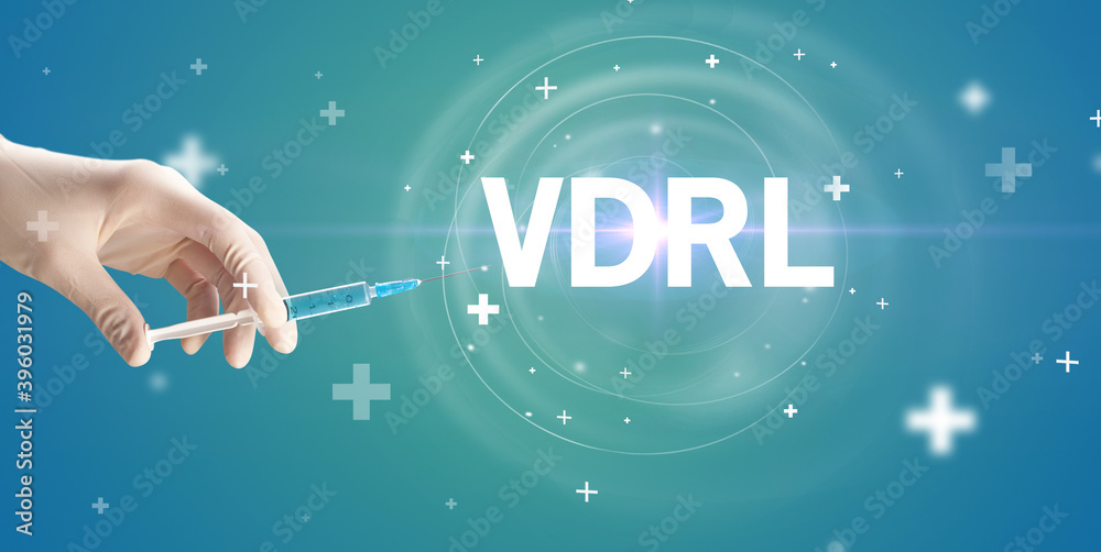 Syringe needle with virus vaccine and VDRL abbreviation, antidote concept