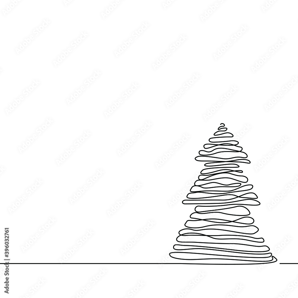 Christmas tree continuous line drawing, small tattoo, print for clothes, emblem or logo design, silhouette one single line on a white background, isolated vector illustration. Christmas tree continuous line drawing, small tattoo, print for clothes, emblem or logo design, silhouette one single line on a white background, isolated vector illustration.