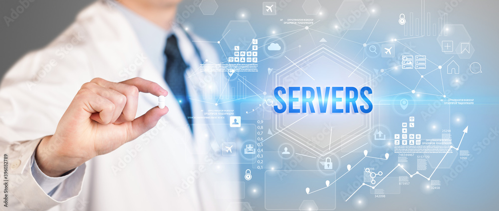 Doctor giving a pill with SERVERS inscription, new technology solution concept Doctor giving a pill with SERVERS inscription, new technology solution concept
