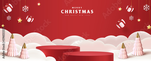 Merry Christmas banner with product display cylindrical shape and festive decoration for christmas