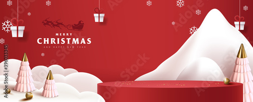 Merry Christmas banner with product display cylindrical shape and festive decoration for christmas
