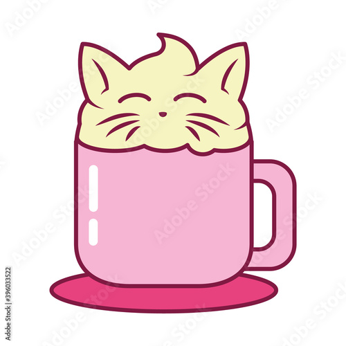cute cappuccino with cream with cat design, line and fill style