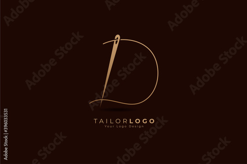 Abstract Initial D Tailor logo, thread and needle combination with gold colour line style , Flat Logo Design Template, vector illustration