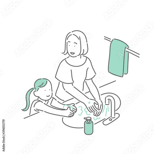親子で仲良く手を洗うイラスト