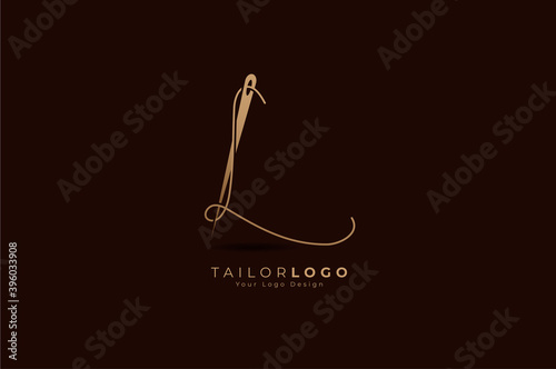 Abstract Initial L Tailor logo, thread and needle combination with gold colour line style , Flat Logo Design Template, vector illustration