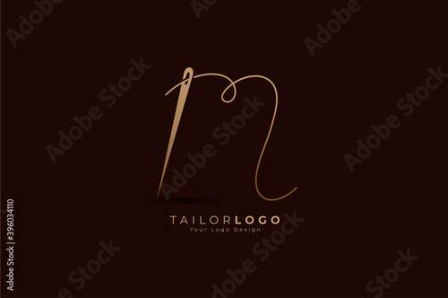 Abstract Initial M Tailor logo, thread and needle combination with gold colour line style , Flat Logo Design Template, vector illustration