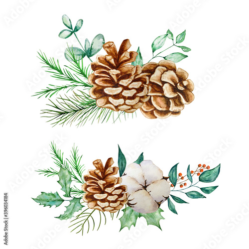 Fototapeta Naklejka Na Ścianę i Meble -  Set Christmas bouquet with eucalyptus and fir branch and pine cones