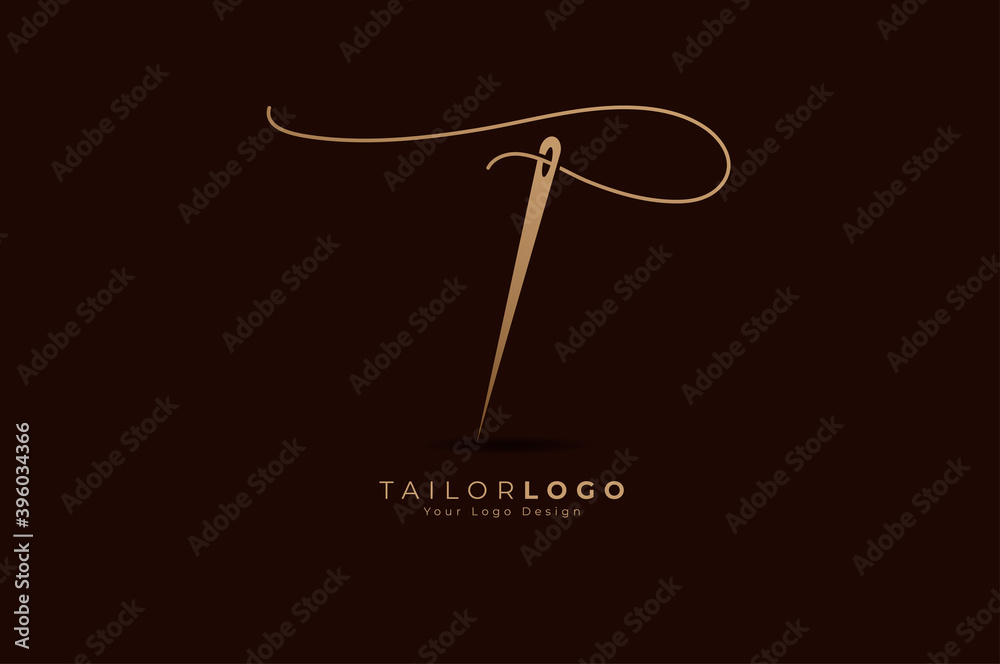 Abstract Initial T Tailor logo, thread and needle combination with gold ...