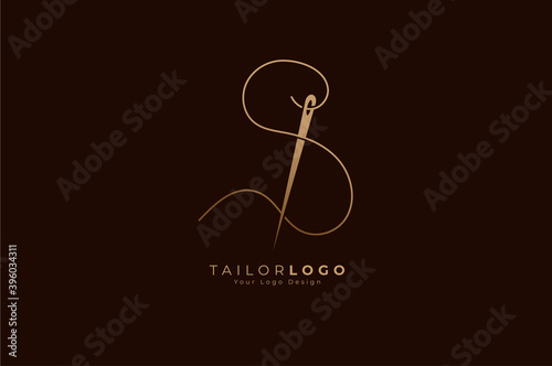 Abstract Initial S Tailor logo, thread and needle combination with gold colour line style , Flat Logo Design Template, vector illustration