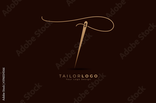 Abstract Initial T Tailor logo, thread and needle combination with gold colour line style , Flat Logo Design Template, vector illustration