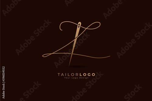 Abstract Initial Z Tailor logo, thread and needle combination with gold colour line style , Flat Logo Design Template, vector illustration