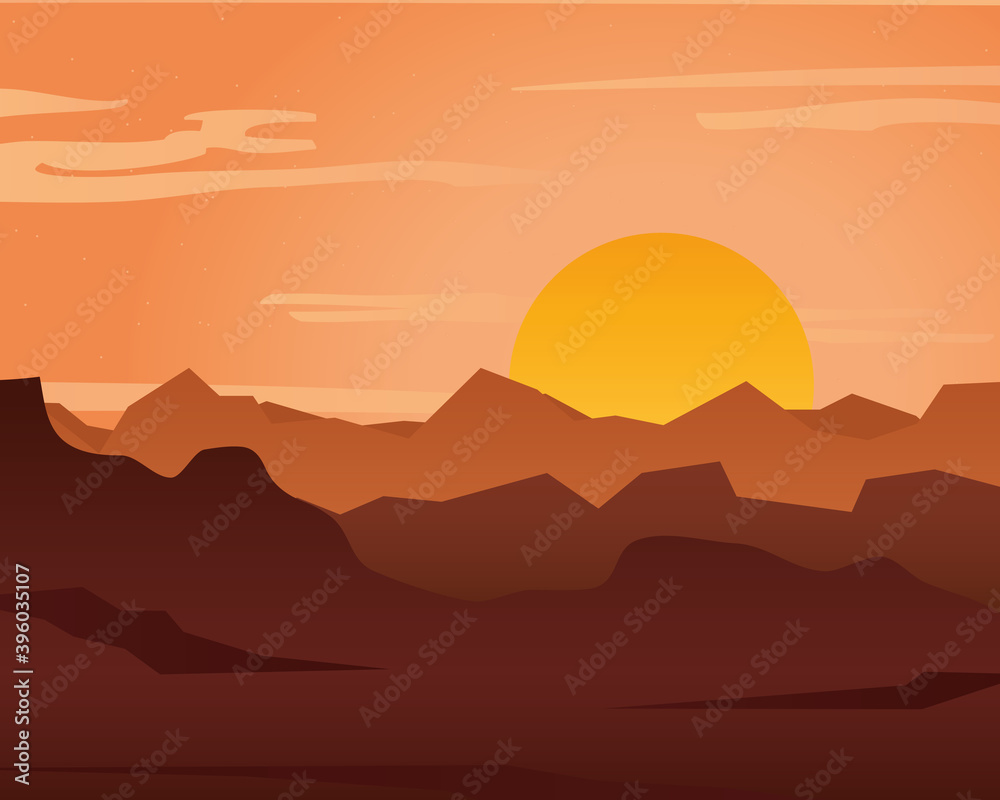 sunset landscape with rocky mountains silhouette
