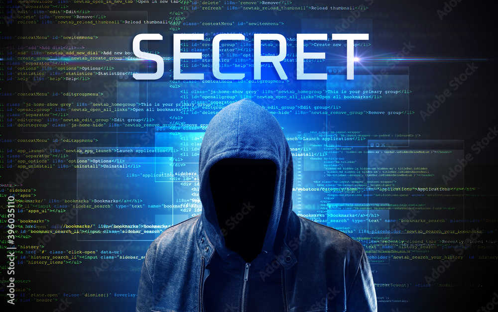 Faceless hacker with SECRET inscription on a binary code background