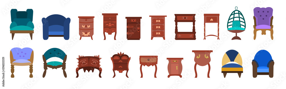 Set of antique nightstands, chests of drawers and bureaus, chairs isolated on a white background. Collection of antique furniture for bedroom, office, living room. Vector illustration in flat style. Set of antique nightstands, chests of drawers and bureaus, chairs isolated on a white background. Collection of antique furniture for bedroom, office, living room. Vector illustration in flat style.