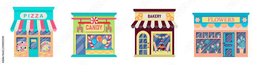 Naklejka premium Set of illustration of exterior facade store building.Collection of the facades of the shops:bakery, pizzeria, flower shop, sweets shop isolated on a white background.Vector illustration in flat style