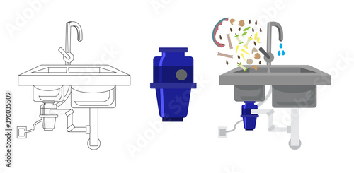 Food waste recycler. Kitchen sink with food waste disposer connected to electric socket and plumbing pipes. Organic waste falls into the sink with the water. Vector illustration. Garbage disposal.