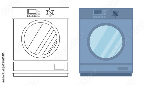 Vector set of two washing machines isolated on a white background.  metal washing machine in a flat style and a linear diagram on a white background.