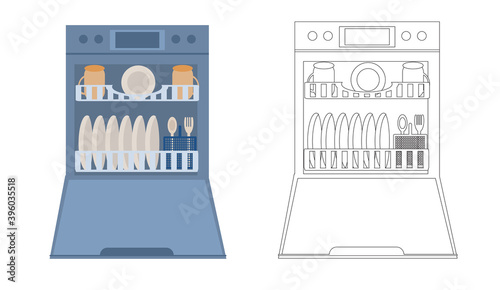 Open Dishwasher with dishes inside. Modern household appliance for washing dishes, isolated on a white background. Vector illustration in flat and linear style