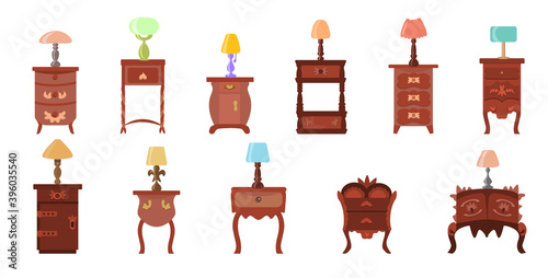 Set of cute nightstands, bureaus with electric table lamps, isolated on a white background.Collection of antique furniture and lamps for the bedroom, office.Vector illustration in flat style.