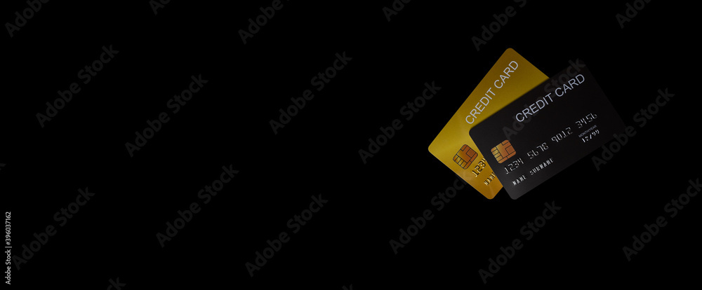 Concept of finance, banking and credit card, credit card on black background, design banner background Concept of finance, banking and credit card, credit card on black background, design banner background