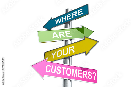 Direction street post with word where are your customers on colorful banner