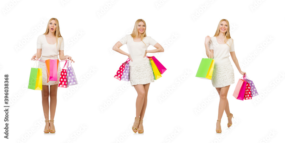 Woman with shopping bags isolated on white