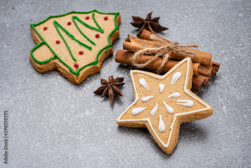 Variety of christmas cookies on white background.