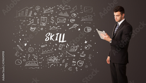 Businessman thinking with SKILL inscription, business education concept