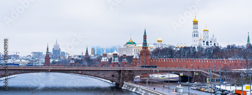 Panorama overlooking the Moscow Kremlin and the Moskva River in November, after the first snow