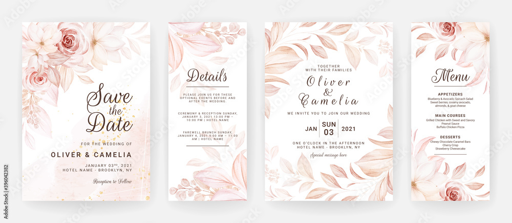 Floral wedding invitation template set with brown roses flowers and leaves decoration. Botanic card design concept