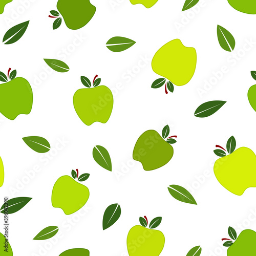 Green apple and leaves, flat vector illustration over white background seamless pattern