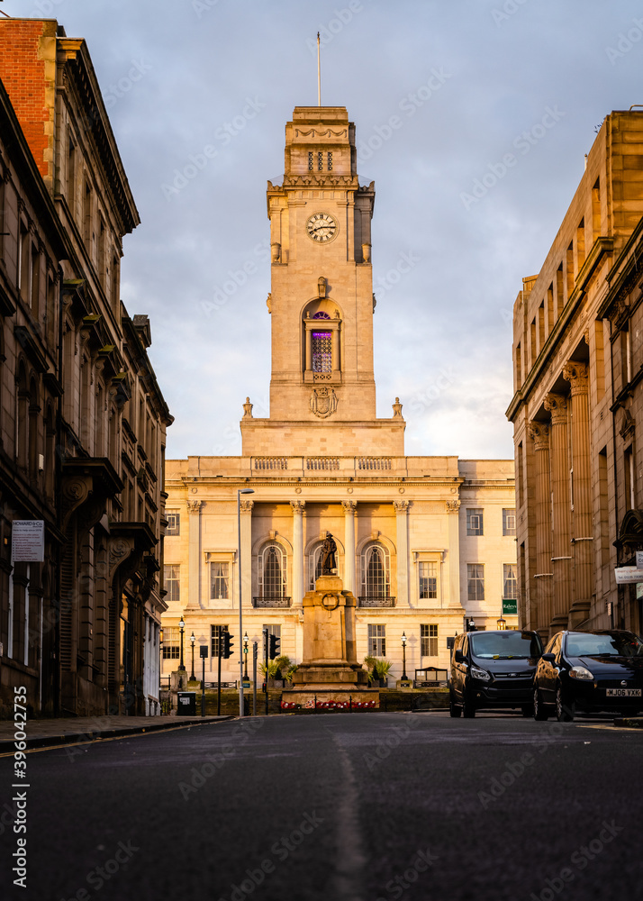 Sunrise in Barnsley Town Centre. Showing Barnsley town hall