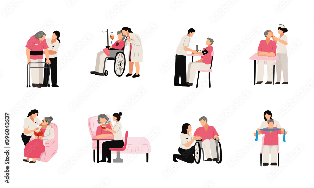 elderly care, old people care activities cartoon flat faceless design