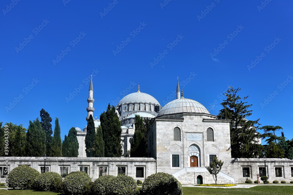 An ancient white-stone mosque. Domes and mtnarets against the blue sky. Around are green trees, bushes. Istanbul. Turkey.