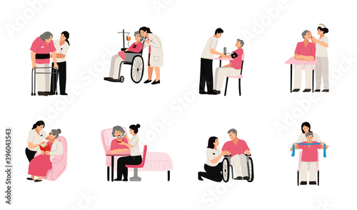 elderly care, old people care activities cartoon flat design
