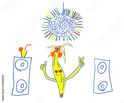Banana party handdrawn vector illustration. Night club with music. Fun image cartoon style.