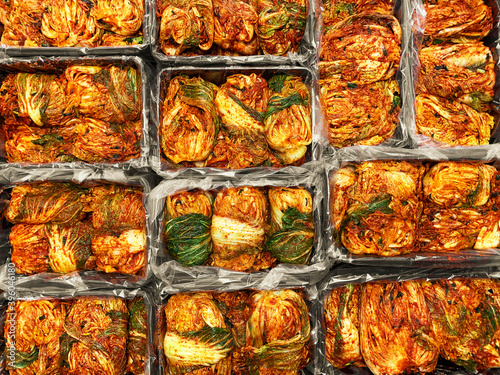 The most famous Korean traditional food Kimchi(napa cabbage) stored in Kimchi container. Make a Kimchi concept. Top view. 