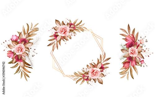 Set of watercolor floral arrangements of brown and burgundy and brown roses and leaves. Botanic decoration illustration for wedding card, fabric, and logo composition