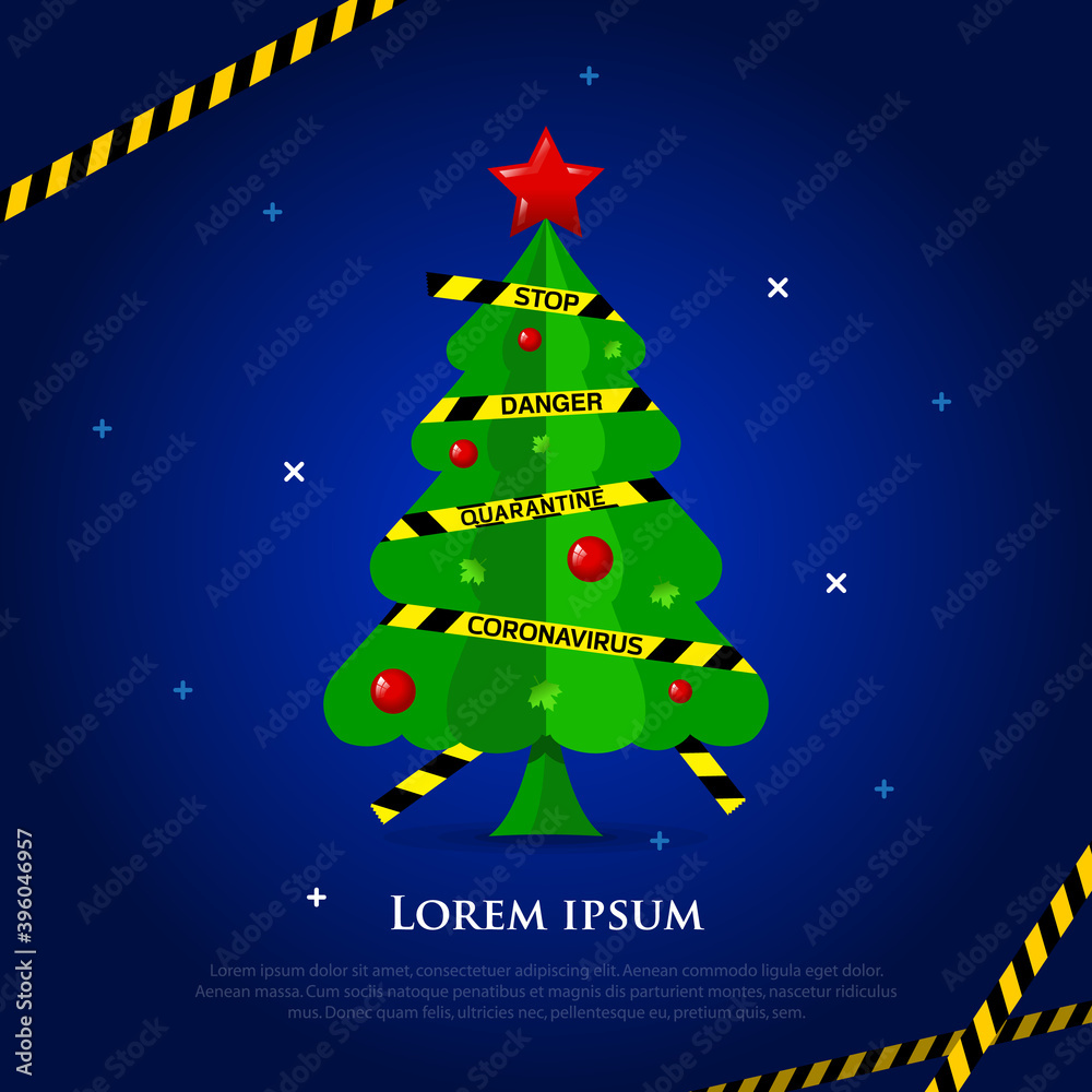 Christmas tree is tied with a yellow, protective tape with the words stop, danger, quarantine during the coronavirus pandemic. Vector, illustration