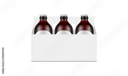 Paper Carrier Packaging Box Mockup With Dark Amber Glass Small Beer Bottles, Isolated on White Background. Vector Illustration