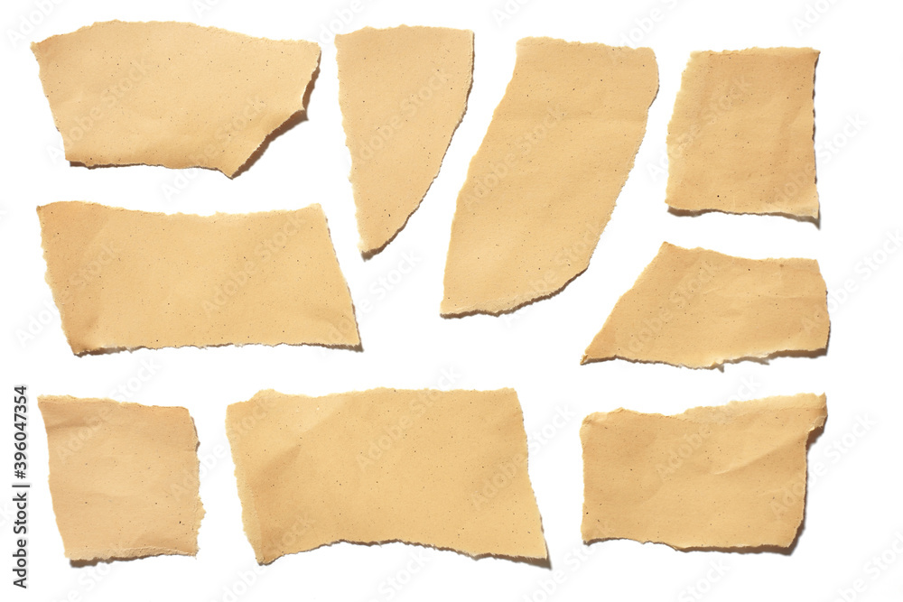 collection real brown paper torn or ripped pieces of paper in white background
