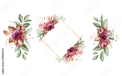 Set of watercolor floral arrangements of brown and burgundy roses and leaves....